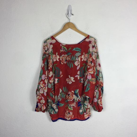 Johnny Was Evy Red Floral 100% Silk Blouse Medium Balloon Sleeve Lightweight - Picture 13 of 14